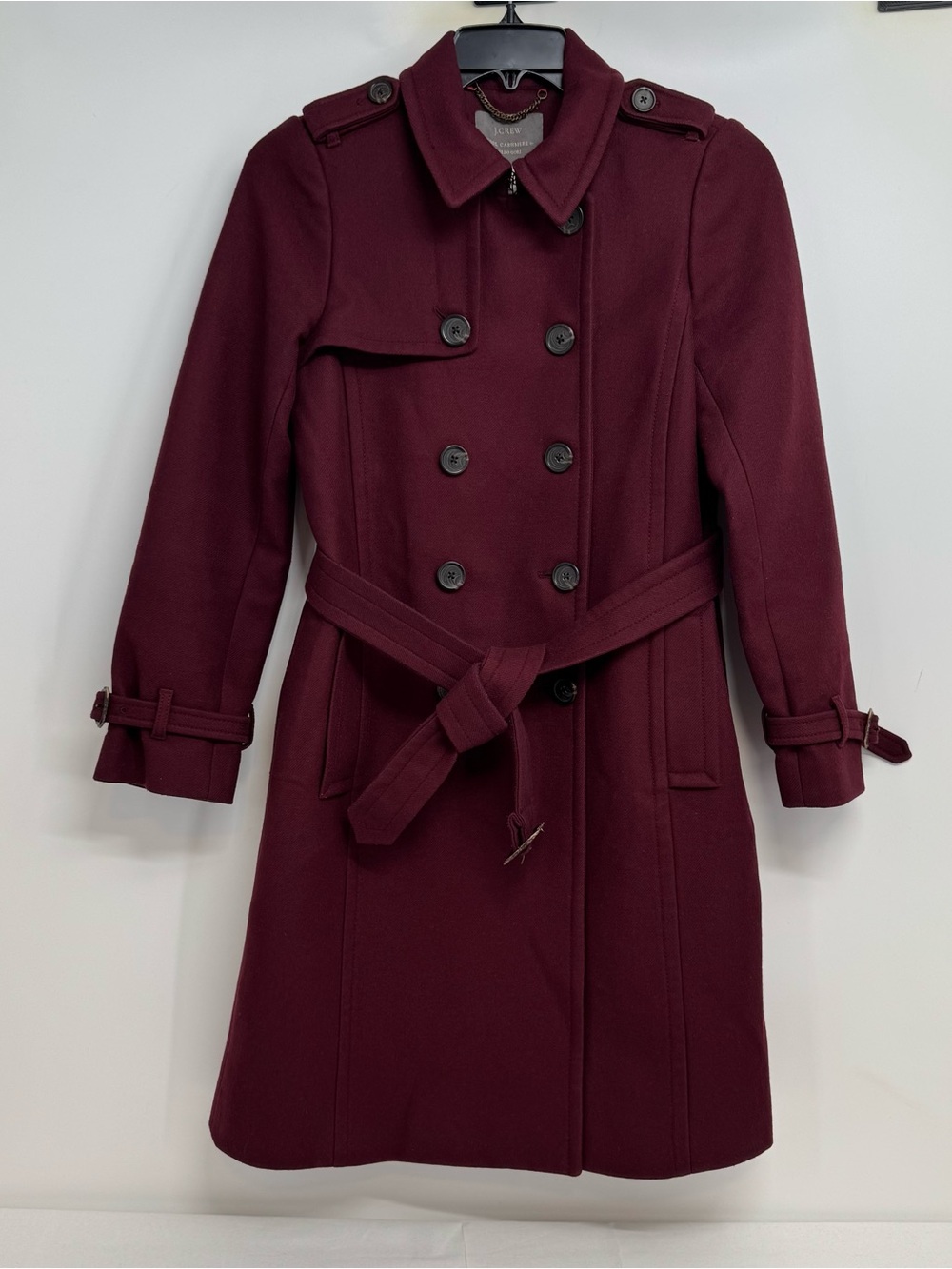 JCREW Wool Cashmere Icon Double Breasted Trench Coat Size 8 Maroon 28231